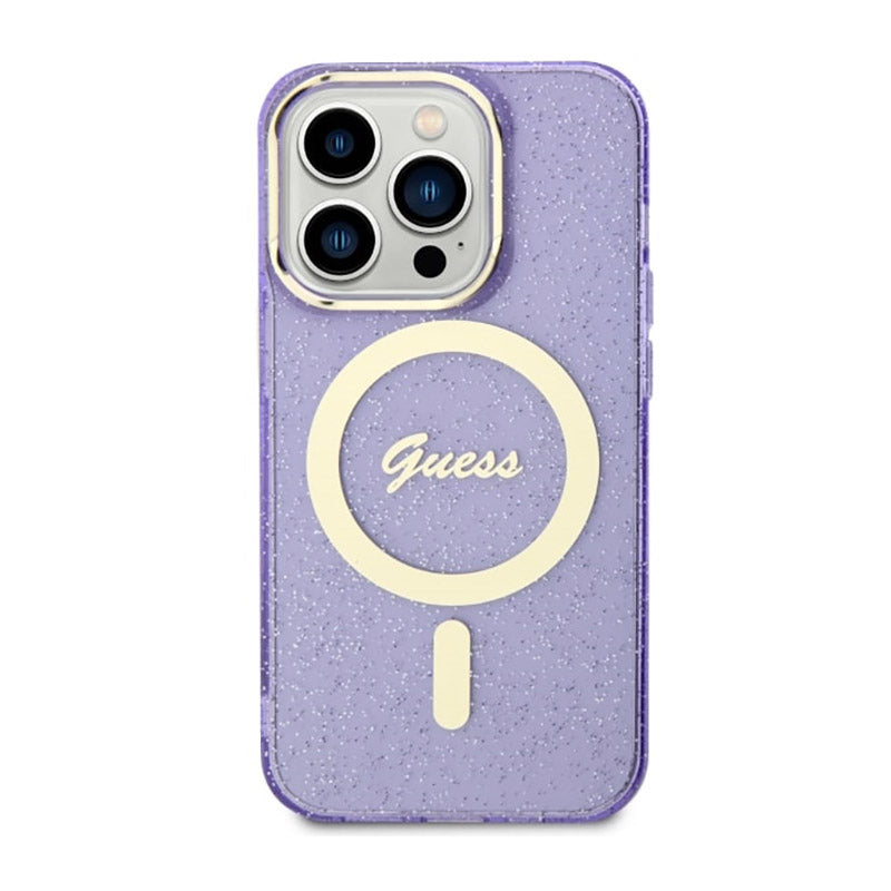 Guess Glitter Gold MagSafe – dėklas iPhone 14 Pro (violetinis)
