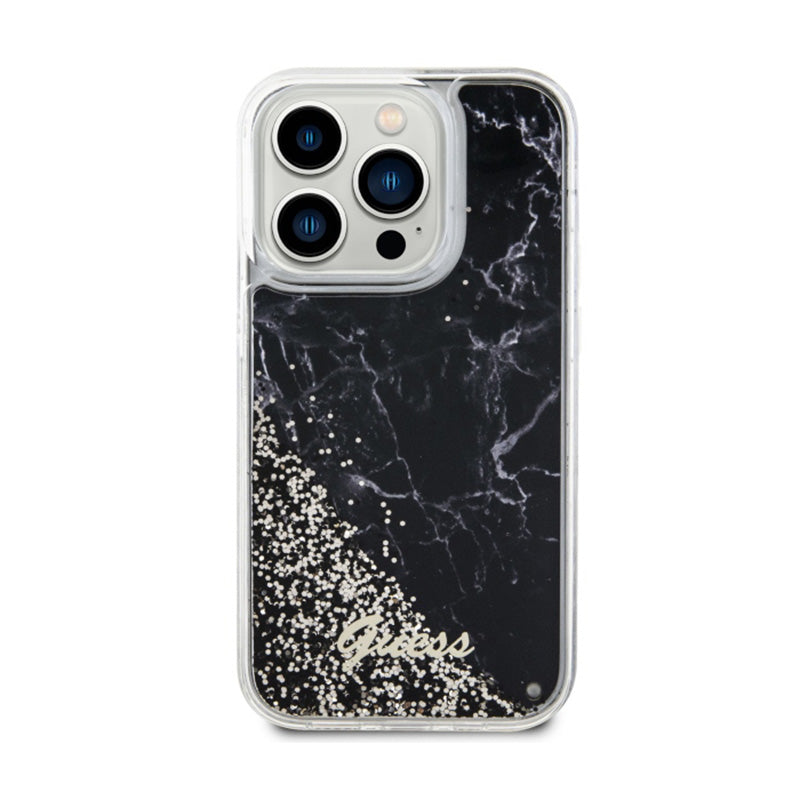 Guess Liquid Glitter Marble – dėklas iPhone 14 Pro (juodas)