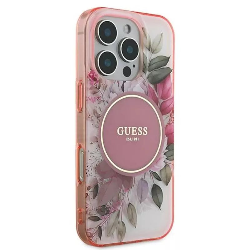 Guess IML Gėlė ir Tonalinis Ratas MagSafe - Dėklas iPhone 16 Pro (Rožinis)