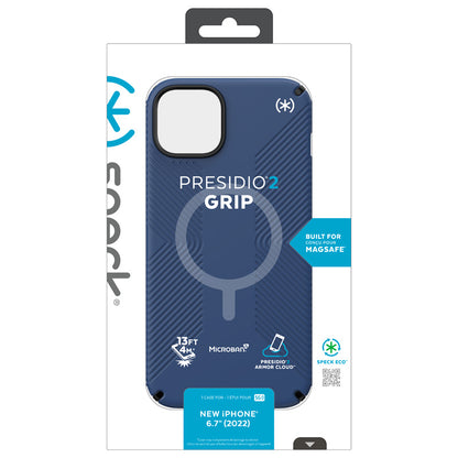 Speck Presidio2 Grip + MagSafe – dėklas iPhone 14 Plus su MICROBAN danga (pajūrio mėlyna / juoda / balta)