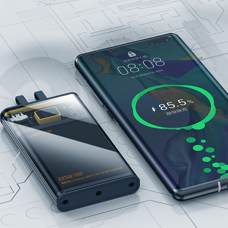 WEKOME WP-323 Vanguard serija - Ypatingai greito įkrovimo maitinimo blokas 10000 mAh su integruotais USB-C ir Lightning kabeliais PD 20W + QC 22.5W (Juoda / Skaidri)