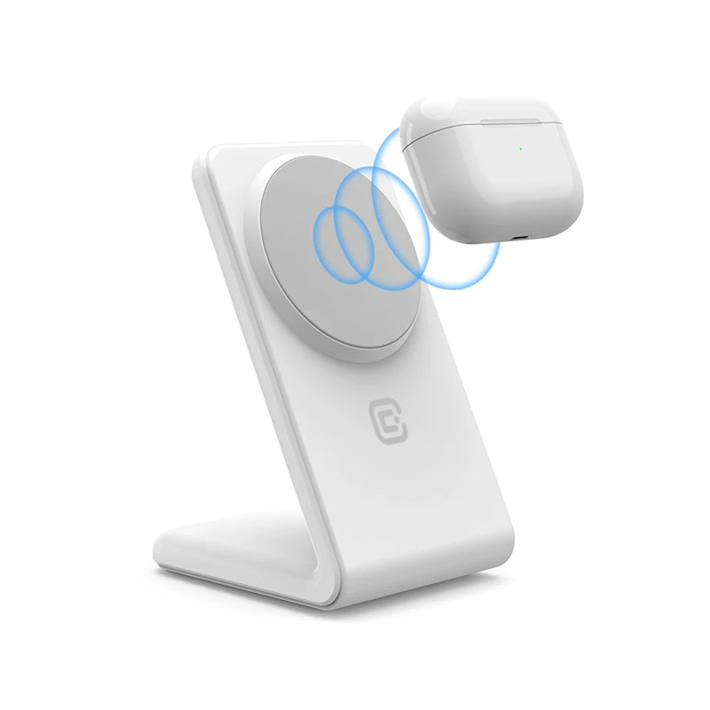 Crong MagSpot Stand - 2-in-1 belaidis įkroviklis su MagSafe, skirtas iPhone ir AirPods (baltas)