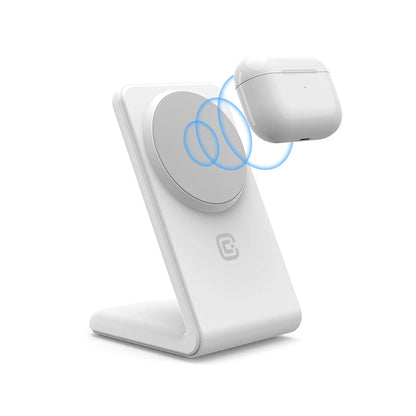 Crong MagSpot Stand - 2-in-1 belaidis įkroviklis su MagSafe, skirtas iPhone ir AirPods (baltas)