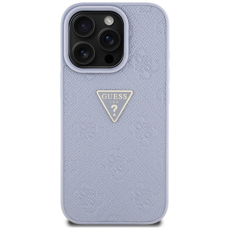 Guess Hot Stamp 4G Pattern Triangle Metal Logo - dėklas iPhone 16 Pro (violetinis)