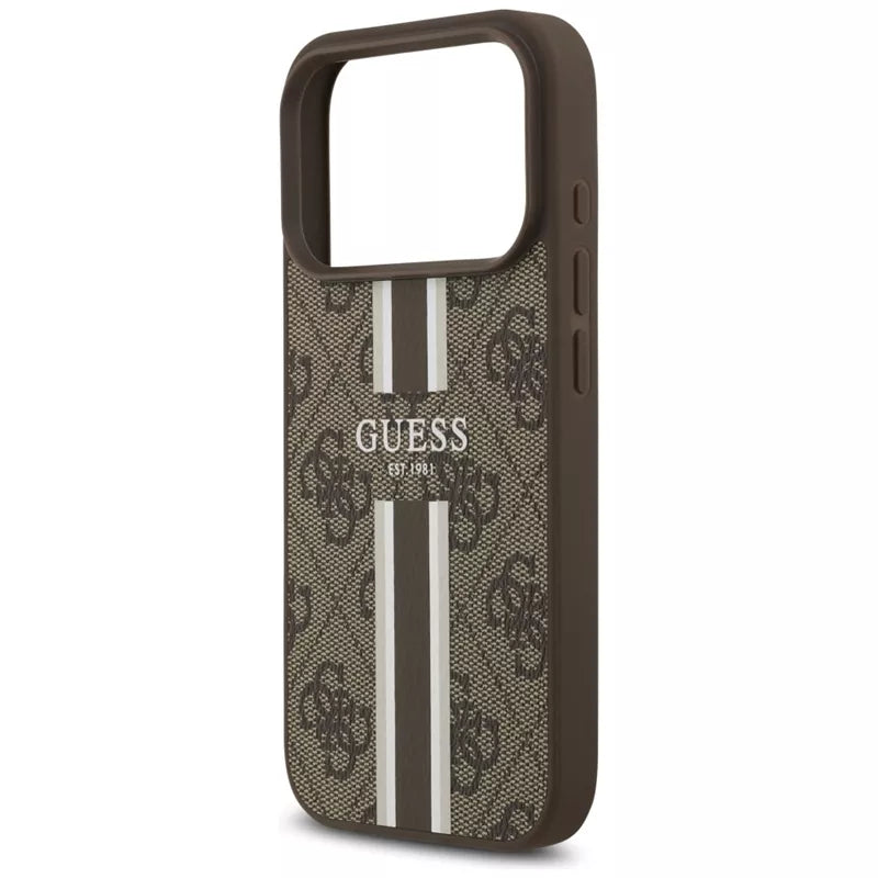 Guess 4G Spausdintos Juostelės MagSafe dėklas iPhone 17 Pro (rudas)