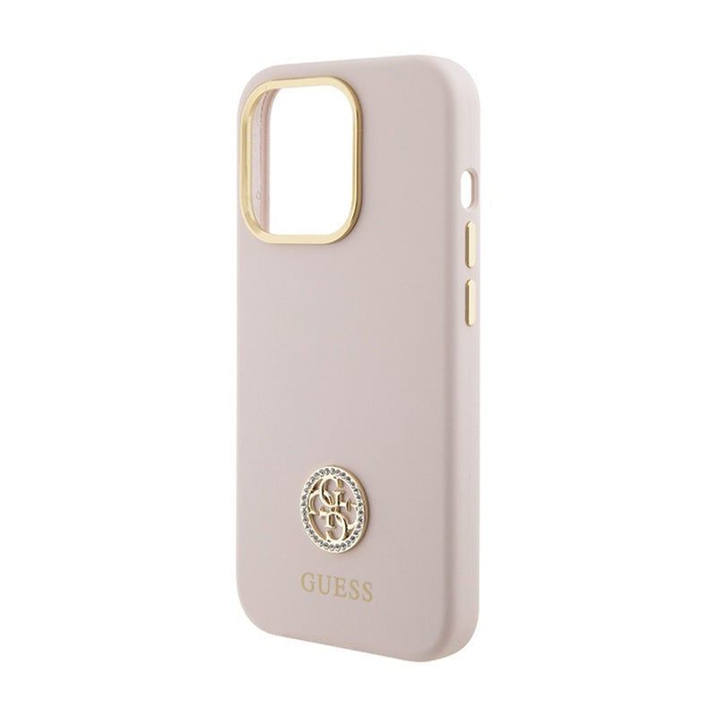 Guess Silicone Logo Strass 4G - iPhone 15 Pro dėklas (rožinis)