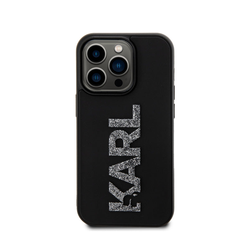 Karl Lagerfeld 3D Rubber Glitter Logo – dėklas iPhone 15 Pro Max (juoda)