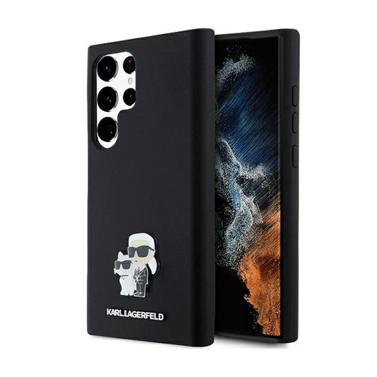 Karl Lagerfeld Silikoninis Karl & Choupette Metal Pin - dėklas Samsung Galaxy S24 Ultra (juodas)