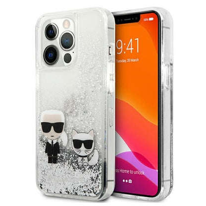 Karl Lagerfeld Liquid Glitter Karl & Choupette – dėklas, skirtas iPhone 13 Pro Max (sidabrinis)