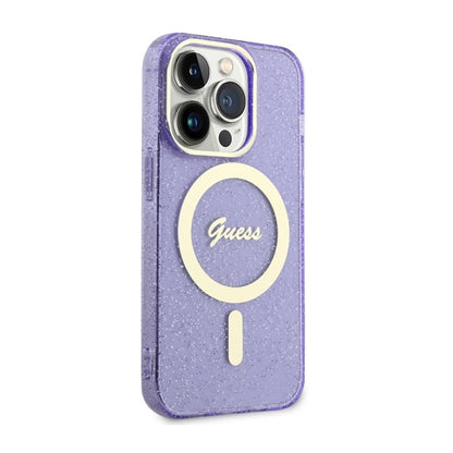 Guess Glitter Gold MagSafe – dėklas iPhone 14 Pro (violetinis)