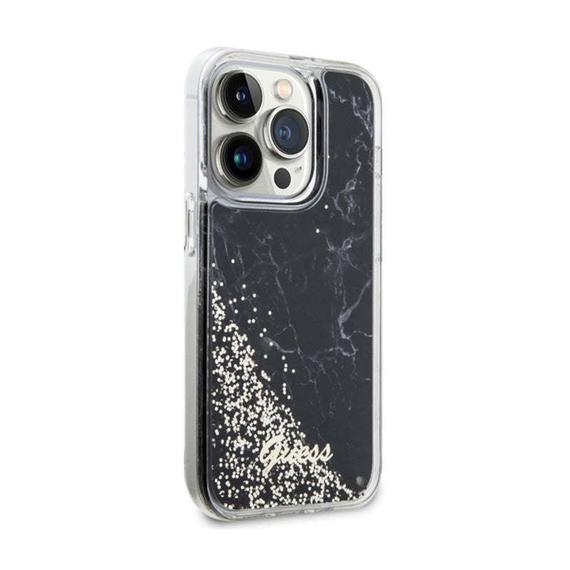 Guess Liquid Glitter Marble – dėklas iPhone 14 Pro (juodas)