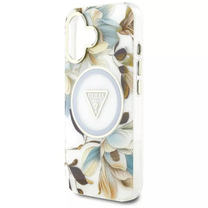 Guess Glitter Flowers Triangle Buttons MagSafe – Dėklas, skirtas iPhone 16 (baltas)