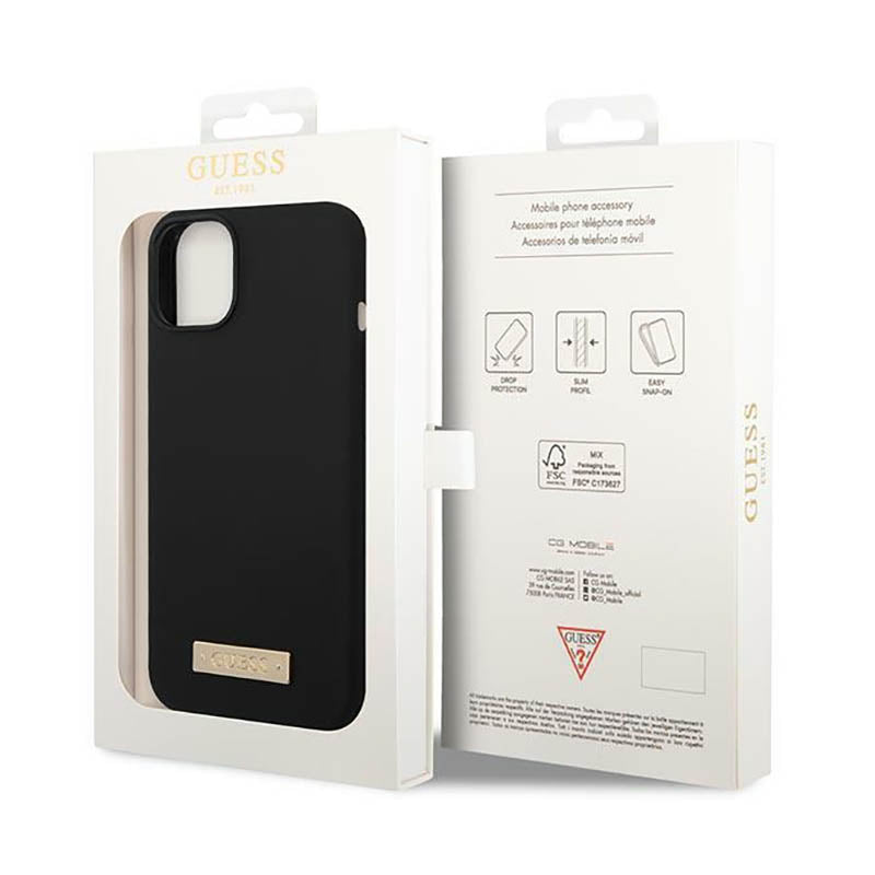 Guess Silicone Logo Plate MagSafe – dėklas iPhone 14 Plus (juodas)