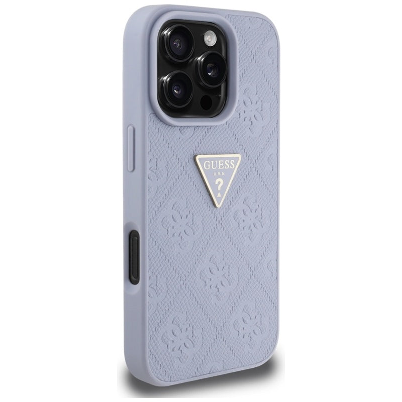 Guess Hot Stamp 4G Pattern Triangle Metal Logo - dėklas iPhone 16 Pro (violetinis)