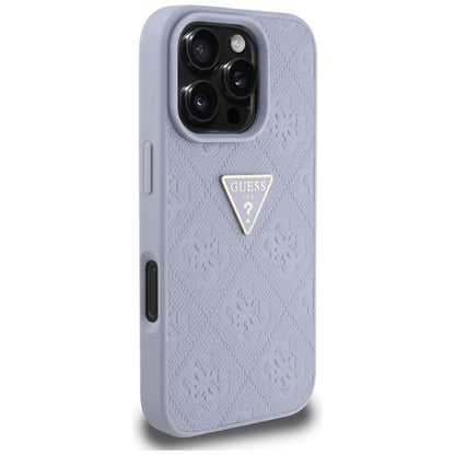 Guess Hot Stamp 4G Pattern Triangle Metal Logo - dėklas iPhone 16 Pro (violetinis)