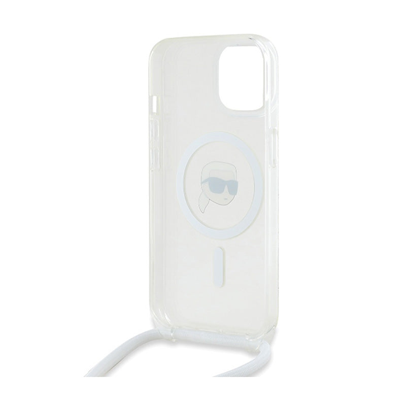 Karl Lagerfeld Skaidrus MagSafe per petį dėklas su IML Karl galva, skirtas iPhone 15 / 14 / 13