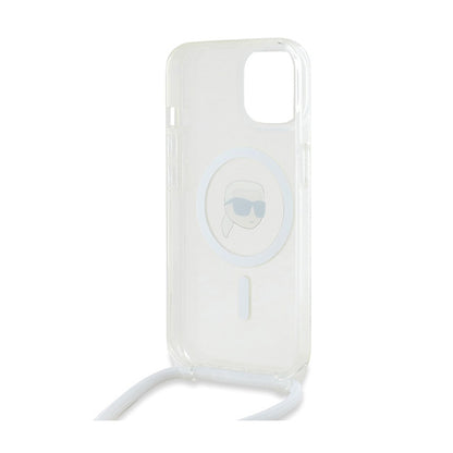 Karl Lagerfeld Skaidrus MagSafe per petį dėklas su IML Karl galva, skirtas iPhone 15 / 14 / 13