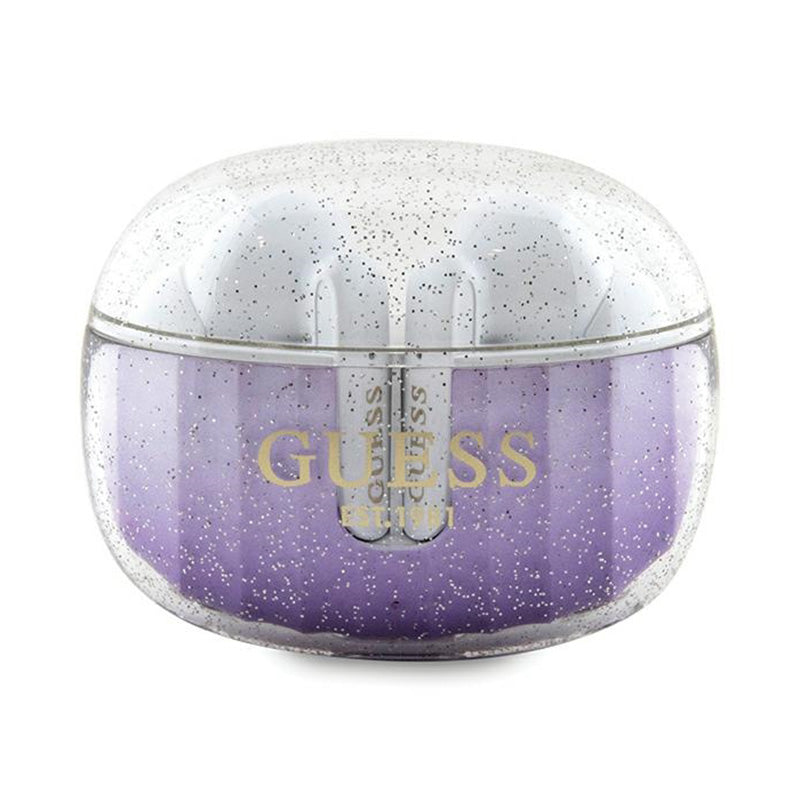 Guess Glitter Gradient - TWS „Bluetooth“ ausinės + įkrovimo dėklas (violetinis)
