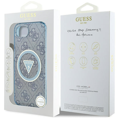 Guess IML Metal Glitter 4G Circle Triangle MagSafe – dėklas, skirtas iPhone 16e (mėlynas)