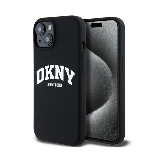 DKNY Skysto silikono su baltu atspausdintu logotipu MagSafe - Dėklas skirtas iPhone 15 / 14 / 13 (juodas)