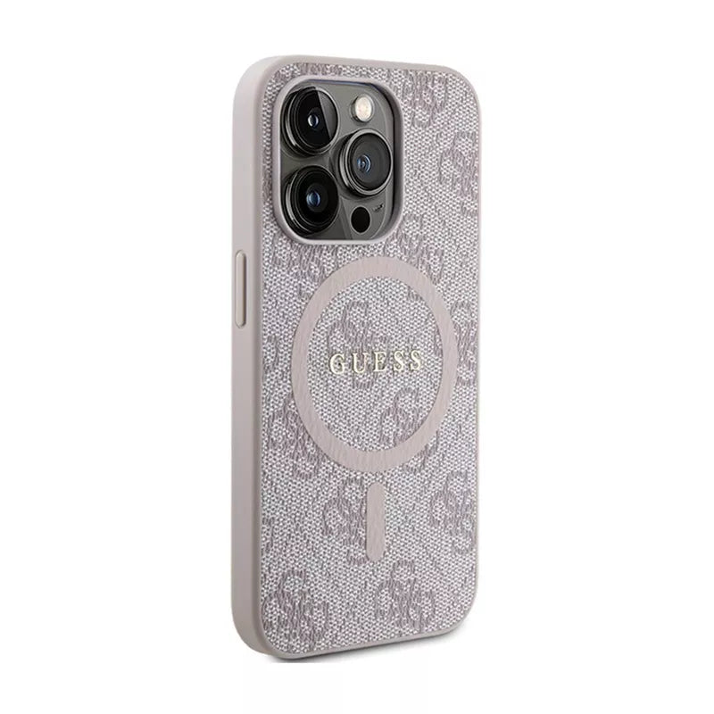Guess 4G Collection Leather Metal Logo MagSafe - dėklas iPhone 15 Pro (rožinis)