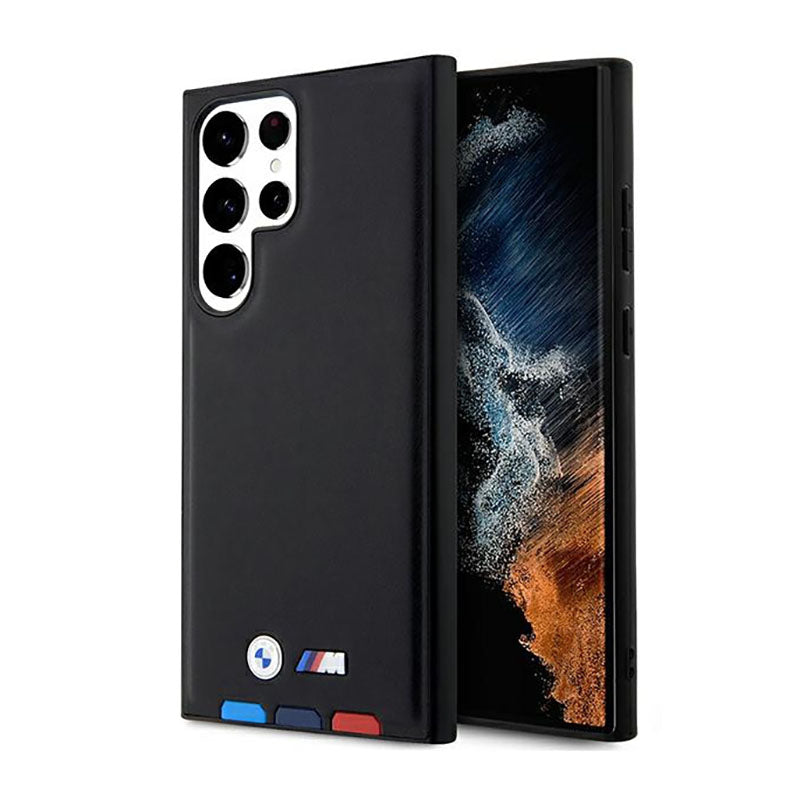 BMW Leather Hot Stamp Tricolor – dėklas Samsung Galaxy S23 Ultra (juodas)