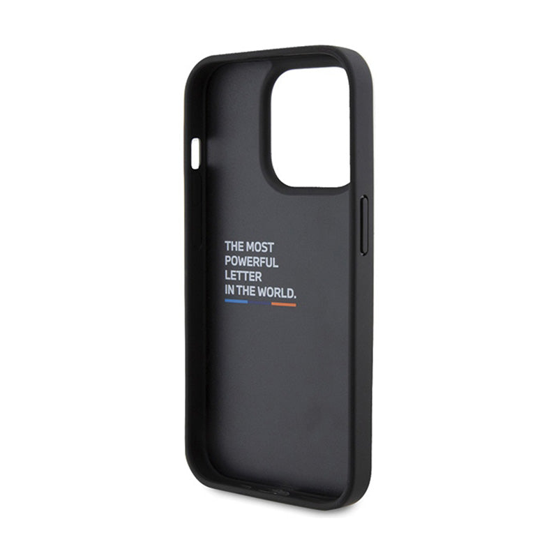 BMW Leather Carbon Blue Line – dėklas, skirtas iPhone 15 Pro (juodas)