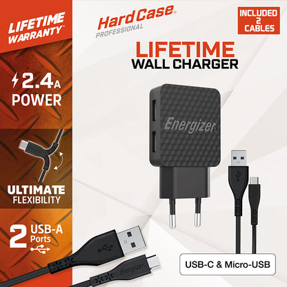 Energizer HardCase – 2x USB-A 12W tinklo įkroviklis + USB-C &amp; Micro USB laidas (juodas)