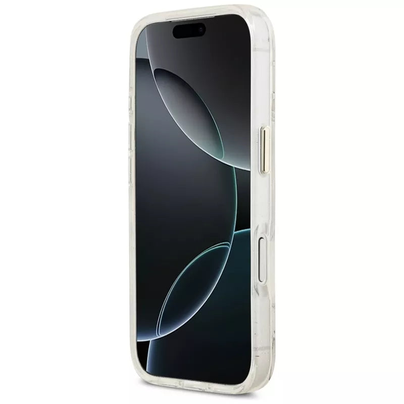 Guess IML Blizgučių Gėlių Trikampis MagSafe - Dėklas iPhone 17 Pro (baltas)