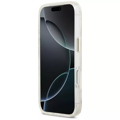 Guess IML Blizgučių Gėlių Trikampis MagSafe - Dėklas iPhone 17 Pro (baltas)