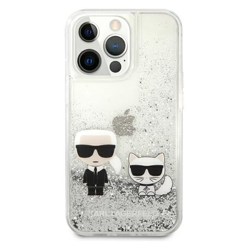 Karl Lagerfeld Liquid Glitter Karl & Choupette – dėklas, skirtas iPhone 13 Pro Max (sidabrinis)