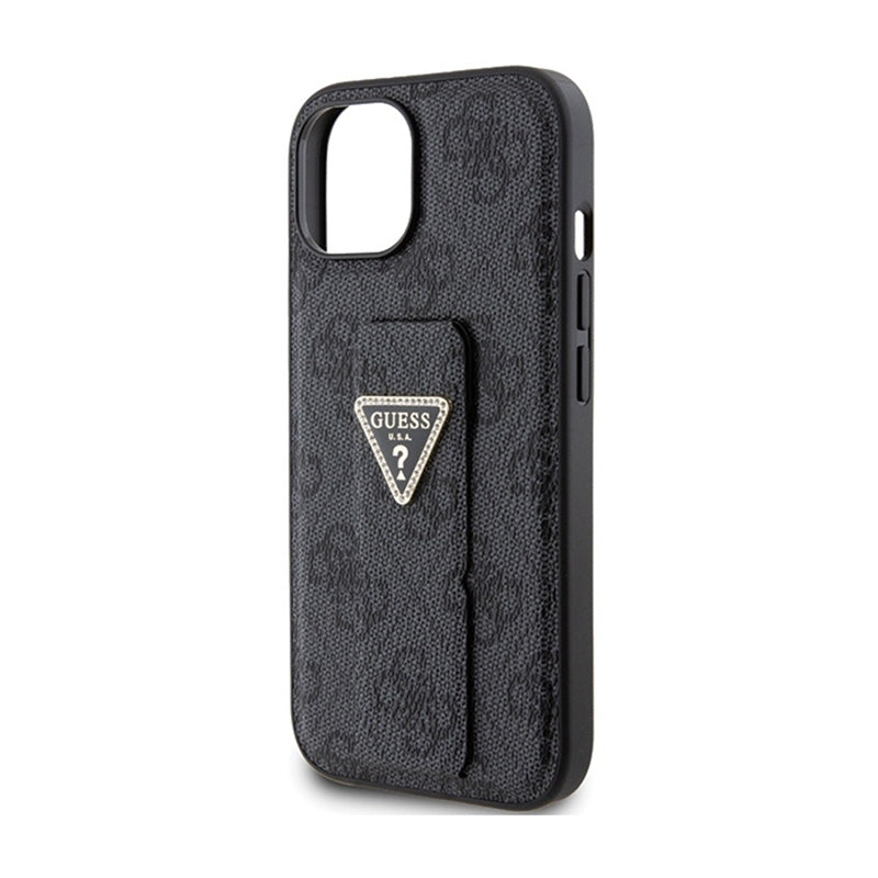 Guess Grip Stand 4G Triangle Strass Logo - iPhone 15 dėklas (juodas)