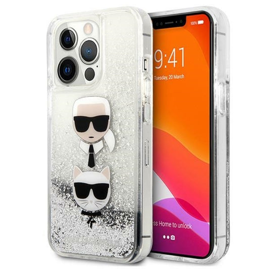 Karl Lagerfeld Liquid Glitter Karl & Choupette Head - dėklas, skirtas iPhone 13 Pro Max (sidabrinis)