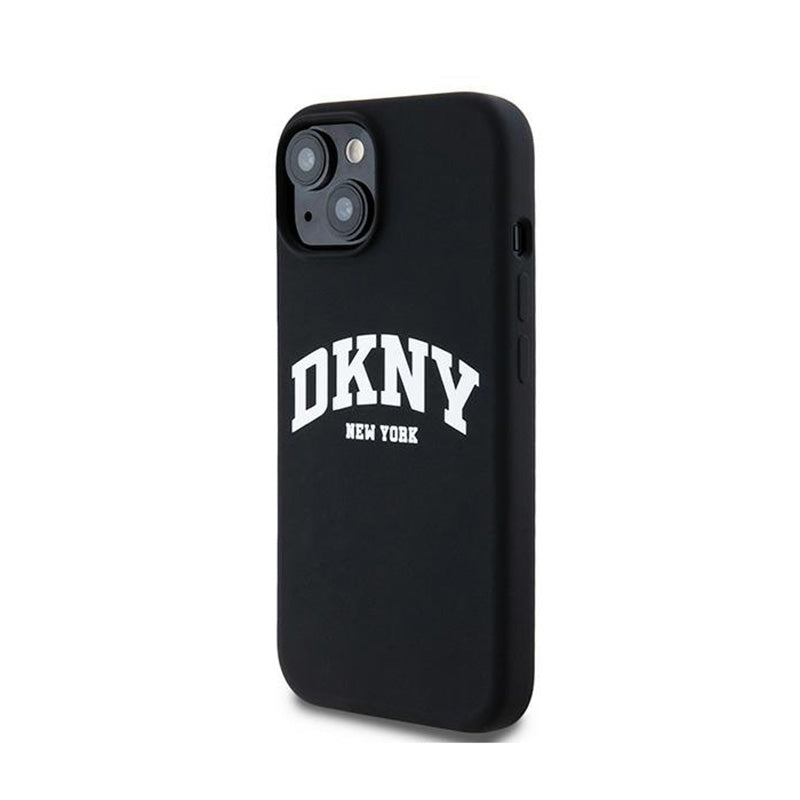 DKNY Skysto silikono su baltu atspausdintu logotipu MagSafe - Dėklas skirtas iPhone 15 / 14 / 13 (juodas)