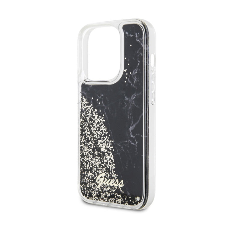 Guess Liquid Glitter Marble – dėklas iPhone 14 Pro (juodas)