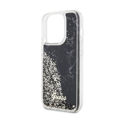Guess Liquid Glitter Marble – dėklas iPhone 14 Pro (juodas)