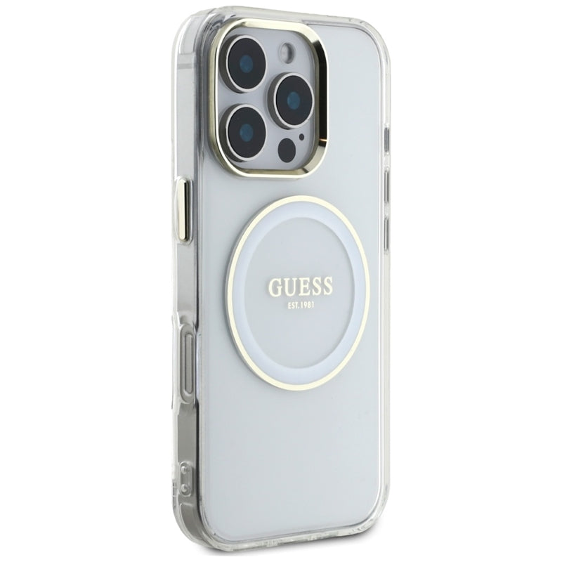 Guess IML Metal Colored Circle Classic Logo MagSafe – dėklas, skirtas iPhone 16 Pro (baltas)