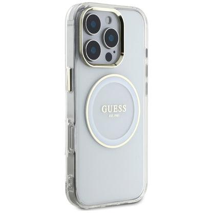 Guess IML Metal Colored Circle Classic Logo MagSafe – dėklas, skirtas iPhone 16 Pro (baltas)