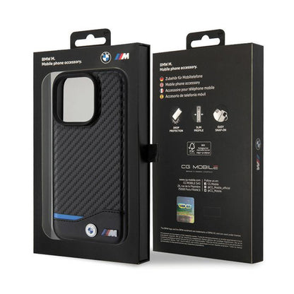 BMW Leather Carbon Blue Line – dėklas, skirtas iPhone 15 Pro (juodas)