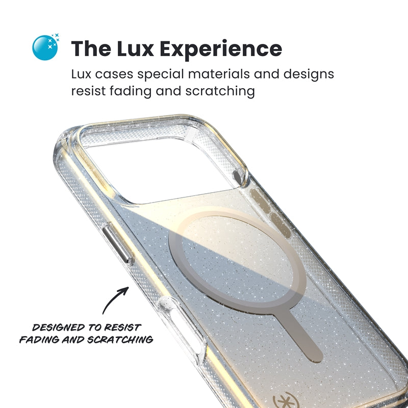 Speck Presidio Lux MagSafe - iPhone 17 Pro Max dėklas (Hyper Mirror Glitter / Silver Metallic)