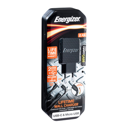 Energizer HardCase – 2x USB-A 12W tinklo įkroviklis + USB-C &amp; Micro USB laidas (juodas)