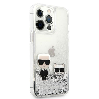 Karl Lagerfeld Liquid Glitter Karl & Choupette – dėklas, skirtas iPhone 13 Pro Max (sidabrinis)