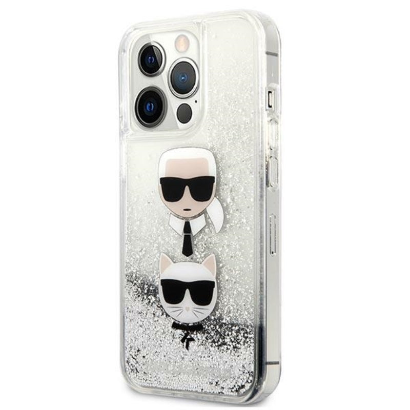 Karl Lagerfeld Liquid Glitter Karl & Choupette Head - dėklas, skirtas iPhone 13 Pro Max (sidabrinis)
