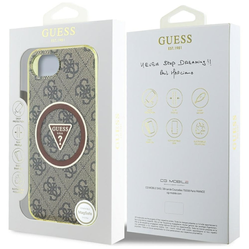 Guess IML Metal Glitter 4G Circle Triangle MagSafe Dėklas iPhone 16e (ruda)
