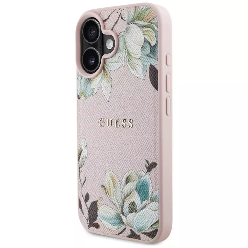 Guess Grained Printed Flower Pattern MagSafe - dėklas iPhone 16 (rožinis)