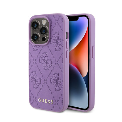 Guess Odinis 4G Stamped dėklas, skirtas iPhone 15 Pro (Violetinė)