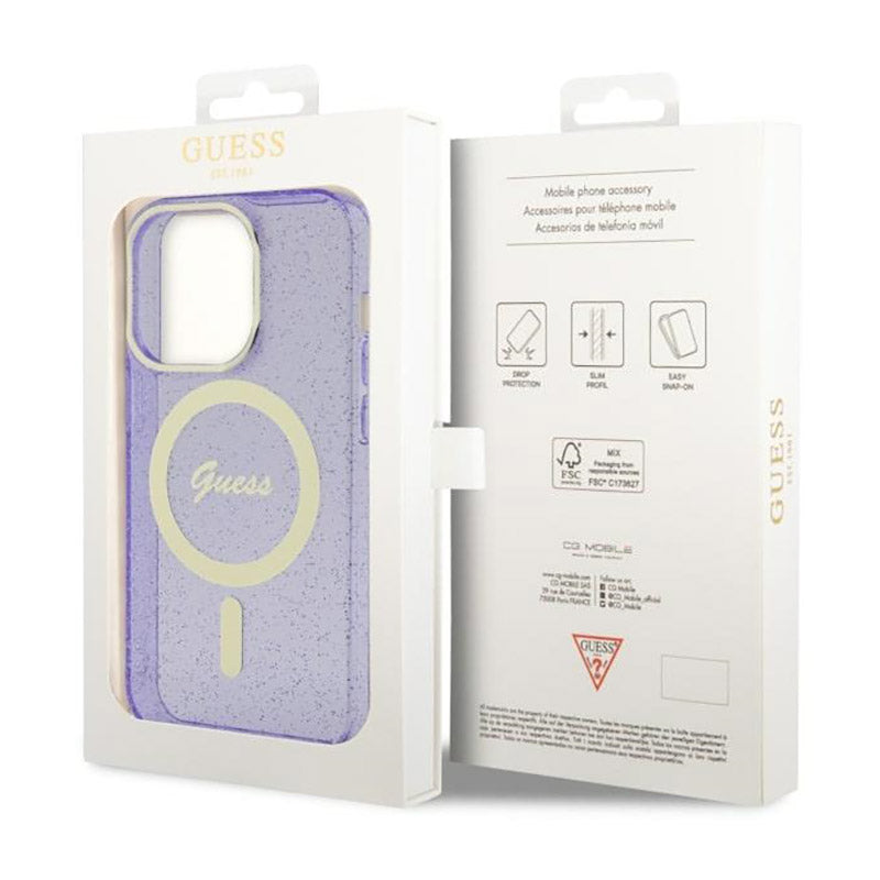 Guess Glitter Gold MagSafe – dėklas iPhone 14 Pro (violetinis)