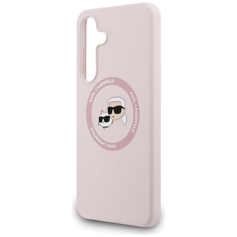 Karl Lagerfeld Silikoninis MagSafe dėklas su Karl & Choupette galvutėmis – Samsung Galaxy S25 FE (rožinis)