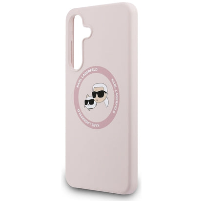 Karl Lagerfeld Silikoninis MagSafe dėklas su Karl & Choupette galvutėmis – Samsung Galaxy S25 FE (rožinis)