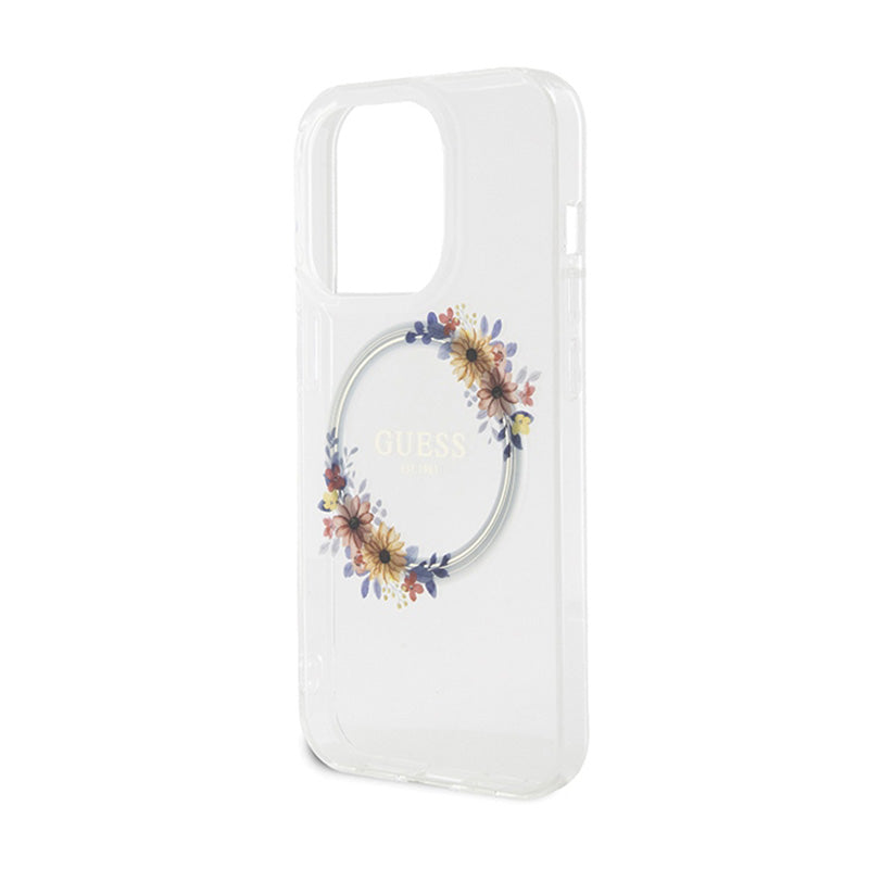 Guess IML Flowers Wreath MagSafe – dėklas, skirtas iPhone 15 Pro Max (skaidrus)